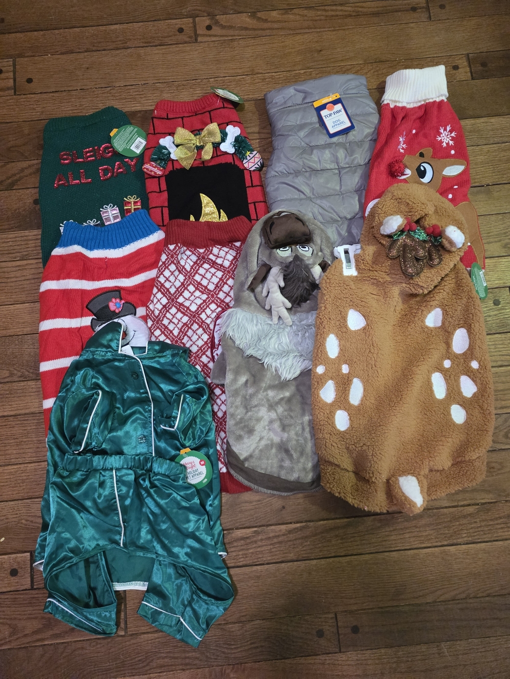 Assorted Dog Holiday & Winter Clothes - Green, Red, Gray, Brown, Teal